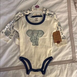 Organic Cotton Baby Bodysuit and Hoodie with Elephant Print - Cream and Blue